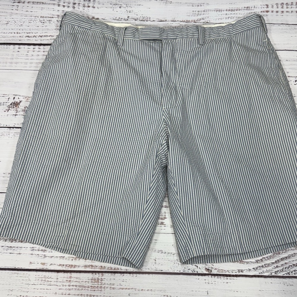 Ralph Lauren Polo Shorts Men 40 Blue White Striped Suspender Buttons Seersucker